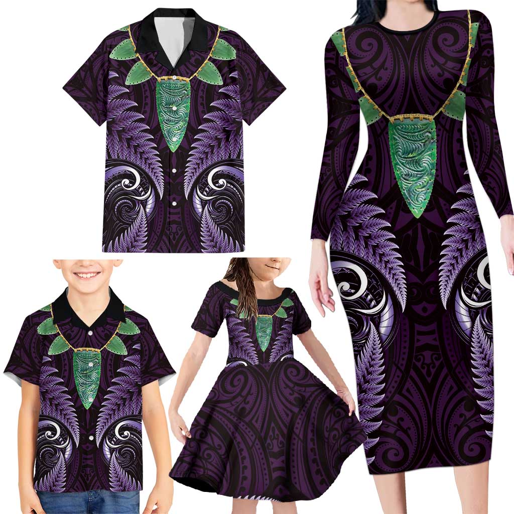 Aotearoa Pounamu Niho Family Matching Long Sleeve Bodycon Dress and Hawaiian Shirt Silver Fern Mix Maori Pattern - Purple