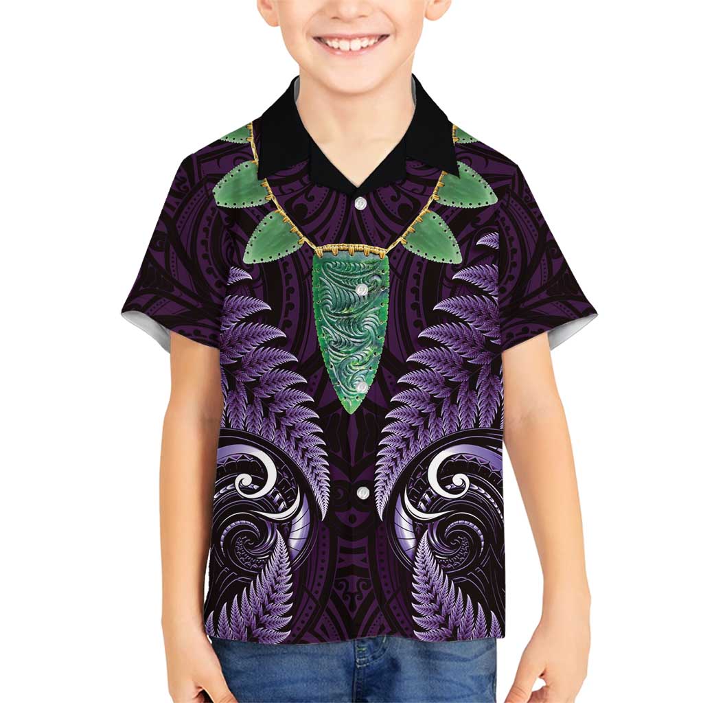 Aotearoa Pounamu Niho Family Matching Long Sleeve Bodycon Dress and Hawaiian Shirt Silver Fern Mix Maori Pattern - Purple LT14 Son's Shirt Purple - Polynesian Pride