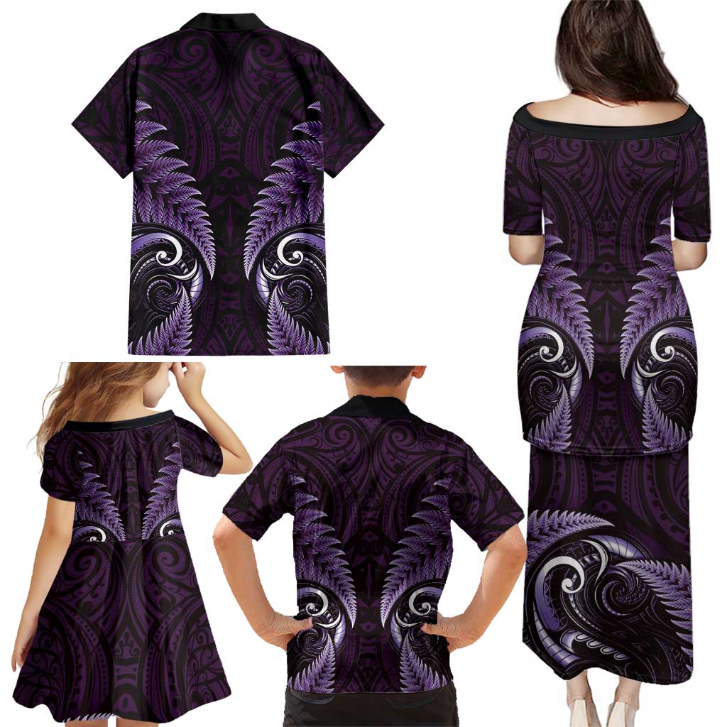 Aotearoa Pounamu Niho Family Matching Puletasi and Hawaiian Shirt Silver Fern Mix Maori Pattern - Purple LT14 - Polynesian Pride