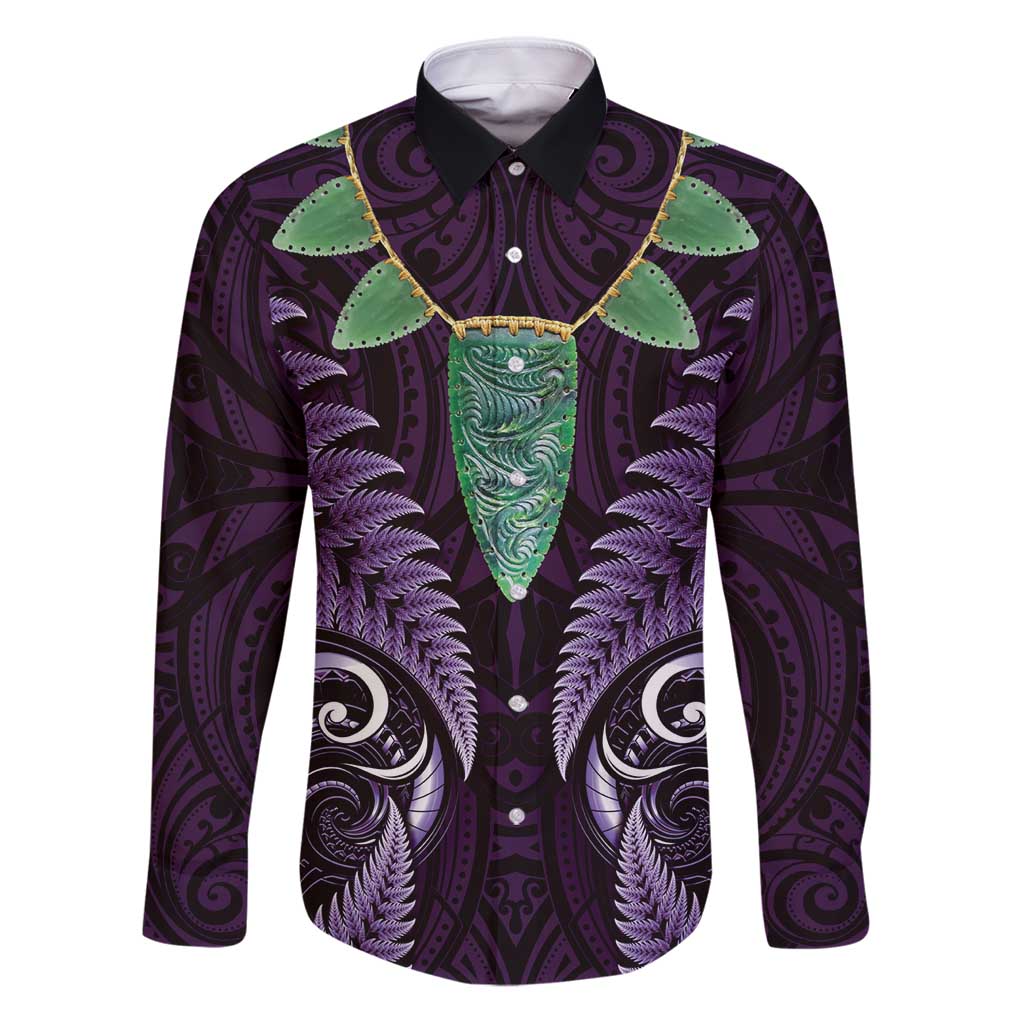 Aotearoa Pounamu Niho Family Matching Puletasi and Hawaiian Shirt Silver Fern Mix Maori Pattern - Purple LT14 Dad's Shirt - Long Sleeve Purple - Polynesian Pride