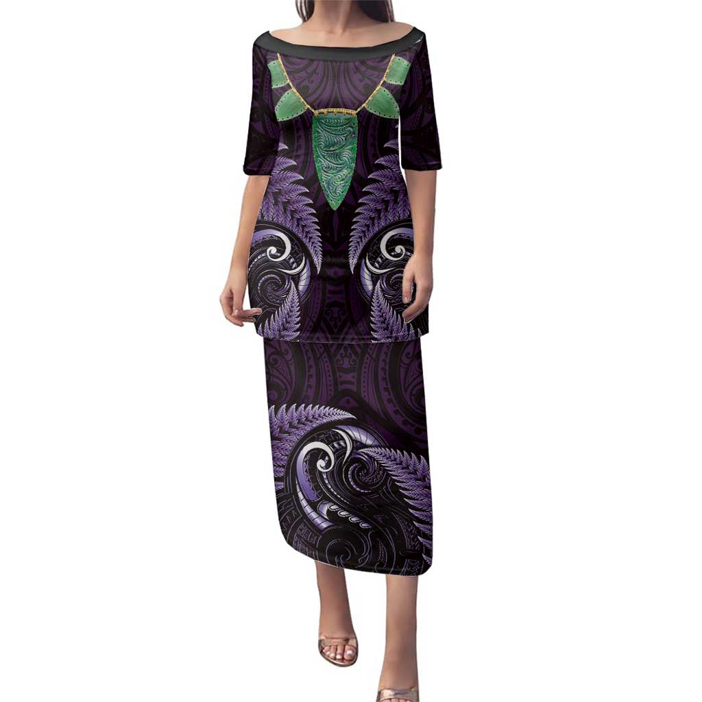 Aotearoa Pounamu Niho Family Matching Puletasi and Hawaiian Shirt Silver Fern Mix Maori Pattern - Purple LT14 Mom's Dress Purple - Polynesian Pride