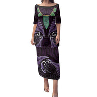 Aotearoa Pounamu Niho Family Matching Puletasi and Hawaiian Shirt Silver Fern Mix Maori Pattern - Purple LT14 Mom's Dress Purple - Polynesian Pride