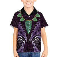 Aotearoa Pounamu Niho Family Matching Puletasi and Hawaiian Shirt Silver Fern Mix Maori Pattern - Purple LT14 Son's Shirt Purple - Polynesian Pride