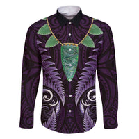 Aotearoa Pounamu Niho Family Matching Short Sleeve Bodycon Dress and Hawaiian Shirt Silver Fern Mix Maori Pattern - Purple LT14 Dad's Shirt - Long Sleeve Purple - Polynesian Pride