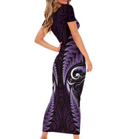 Aotearoa Pounamu Niho Family Matching Short Sleeve Bodycon Dress and Hawaiian Shirt Silver Fern Mix Maori Pattern - Purple LT14 - Polynesian Pride