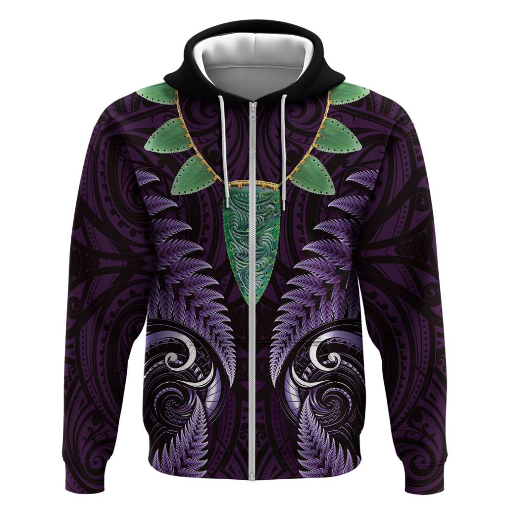 Aotearoa Pounamu Niho Hoodie Silver Fern Mix Maori Pattern - Purple