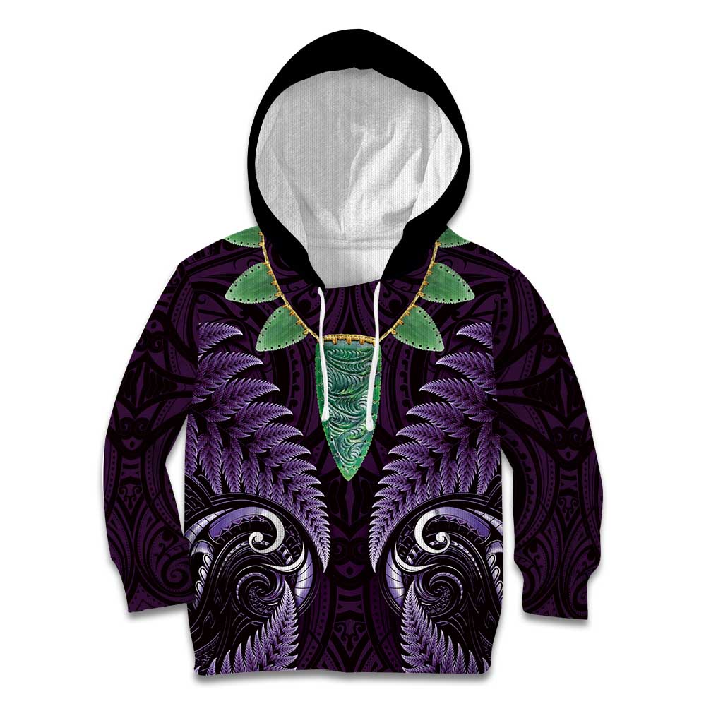 Aotearoa Pounamu Niho Kid Hoodie Silver Fern Mix Maori Pattern - Purple
