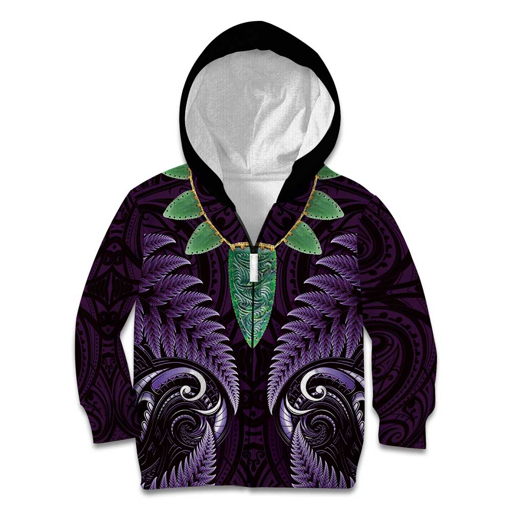 Aotearoa Pounamu Niho Kid Hoodie Silver Fern Mix Maori Pattern - Purple