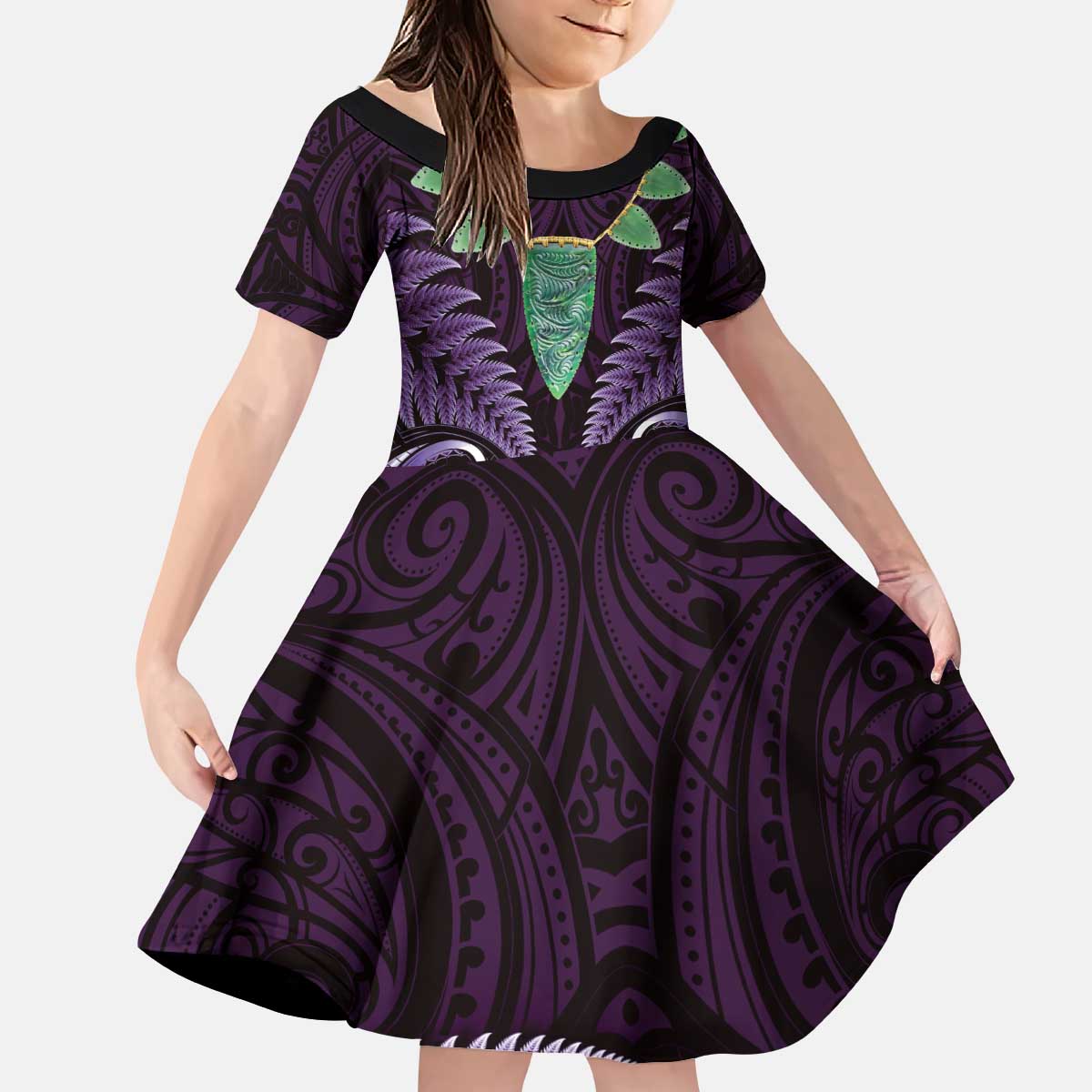 Aotearoa Pounamu Niho Kid Short Sleeve Dress Silver Fern Mix Maori Pattern - Purple LT14 KID Purple - Polynesian Pride