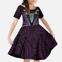Aotearoa Pounamu Niho Kid Short Sleeve Dress Silver Fern Mix Maori Pattern - Purple LT14 KID Purple - Polynesian Pride