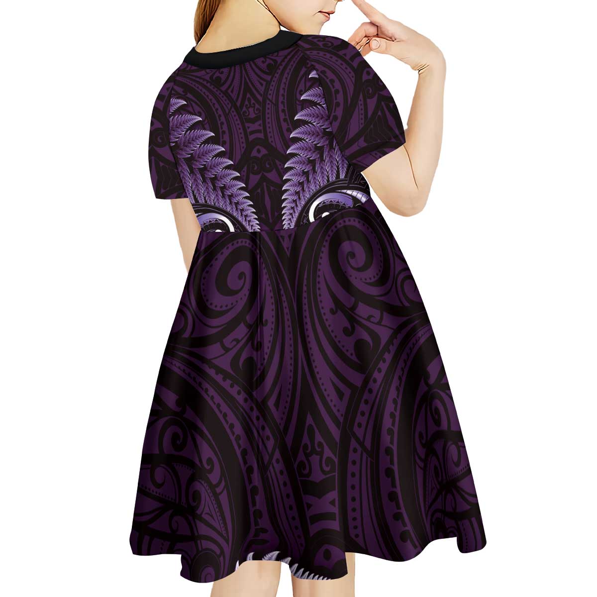 Aotearoa Pounamu Niho Kid Short Sleeve Dress Silver Fern Mix Maori Pattern - Purple LT14 - Polynesian Pride