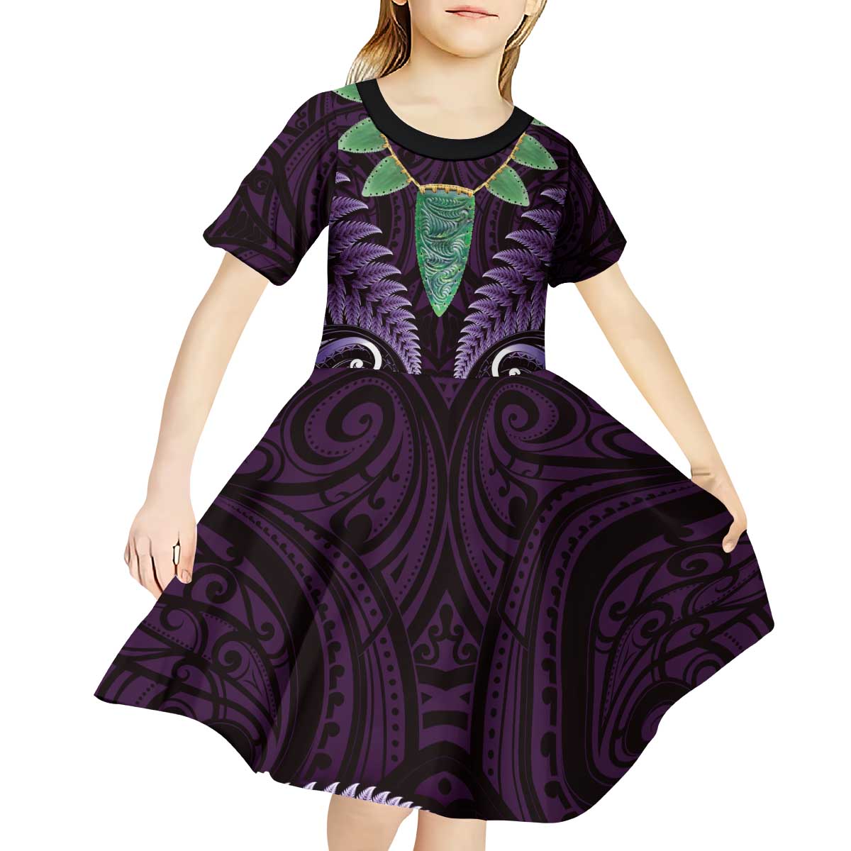 Aotearoa Pounamu Niho Kid Short Sleeve Dress Silver Fern Mix Maori Pattern - Purple LT14 - Polynesian Pride