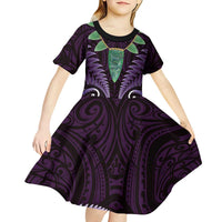 Aotearoa Pounamu Niho Kid Short Sleeve Dress Silver Fern Mix Maori Pattern - Purple LT14 - Polynesian Pride