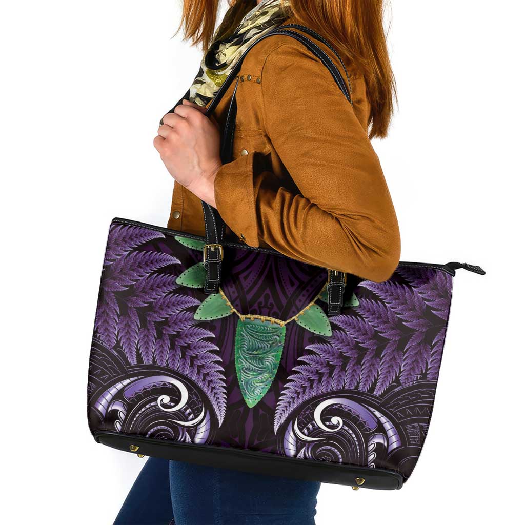 Aotearoa Pounamu Niho Leather Tote Bag Silver Fern Mix Maori Pattern - Purple