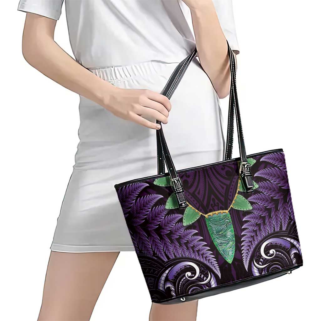 Aotearoa Pounamu Niho Leather Tote Bag Silver Fern Mix Maori Pattern - Purple LT14 - Polynesian Pride
