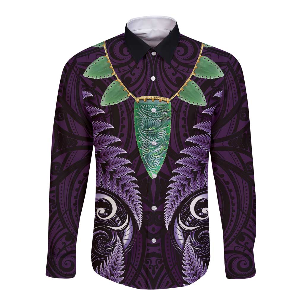 Aotearoa Pounamu Niho Long Sleeve Button Shirt Silver Fern Mix Maori Pattern - Purple LT14 Unisex Purple - Polynesian Pride