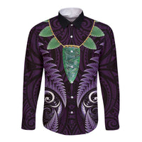 Aotearoa Pounamu Niho Long Sleeve Button Shirt Silver Fern Mix Maori Pattern - Purple LT14 Unisex Purple - Polynesian Pride