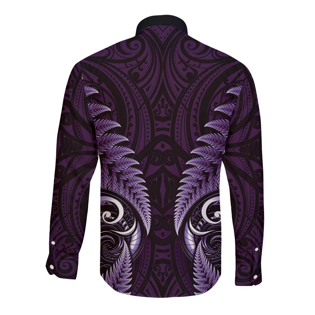 Aotearoa Pounamu Niho Long Sleeve Button Shirt Silver Fern Mix Maori Pattern - Purple LT14 - Polynesian Pride