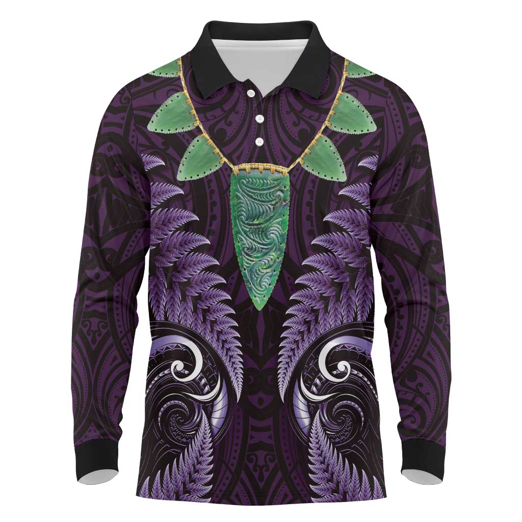 Aotearoa Pounamu Niho Long Sleeve Polo Shirt Silver Fern Mix Maori Pattern - Purple