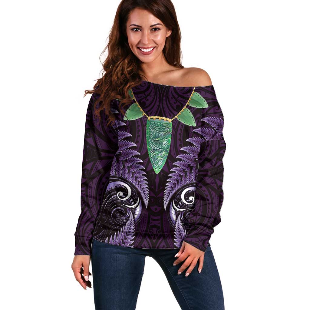 Aotearoa Pounamu Niho Off Shoulder Sweater Silver Fern Mix Maori Pattern - Purple