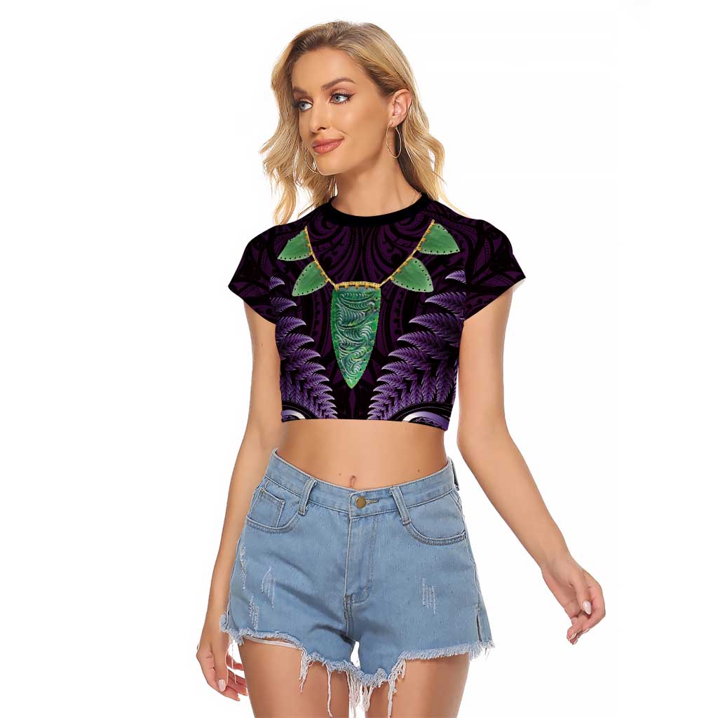 Aotearoa Pounamu Niho Raglan Cropped T Shirt Silver Fern Mix Maori Pattern - Purple LT14 Female Purple - Polynesian Pride