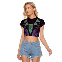 Aotearoa Pounamu Niho Raglan Cropped T Shirt Silver Fern Mix Maori Pattern - Purple LT14 Female Purple - Polynesian Pride