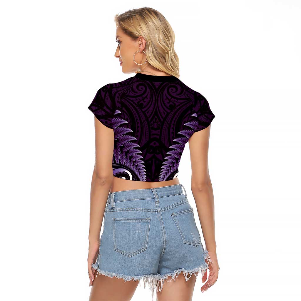 Aotearoa Pounamu Niho Raglan Cropped T Shirt Silver Fern Mix Maori Pattern - Purple LT14 - Polynesian Pride