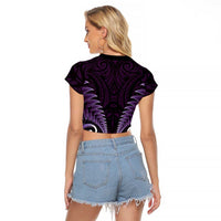 Aotearoa Pounamu Niho Raglan Cropped T Shirt Silver Fern Mix Maori Pattern - Purple LT14 - Polynesian Pride