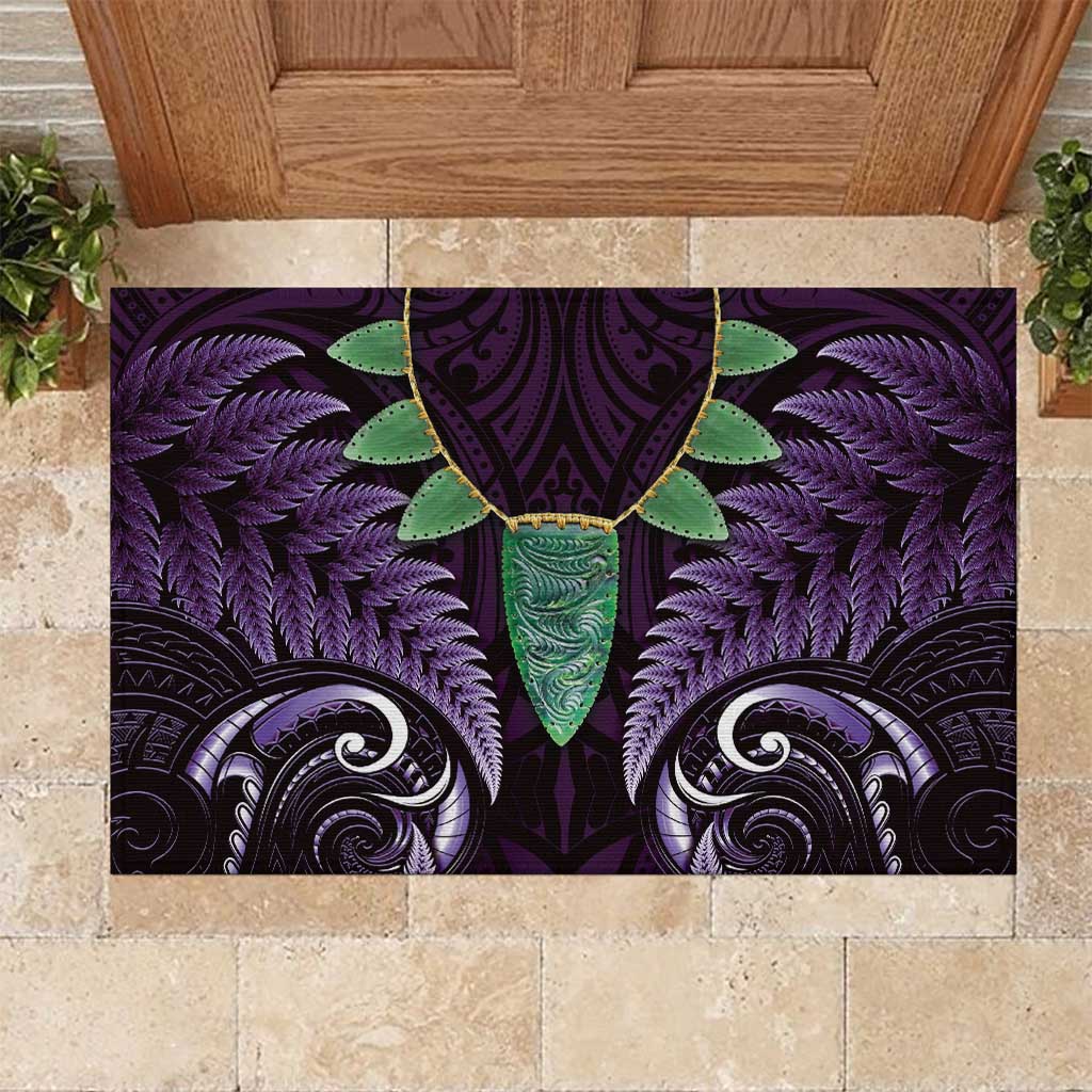 Aotearoa Pounamu Niho Rubber Doormat Silver Fern Mix Maori Pattern - Purple