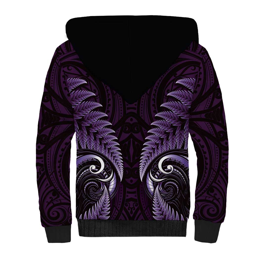 Aotearoa Pounamu Niho Sherpa Hoodie Silver Fern Mix Maori Pattern - Purple