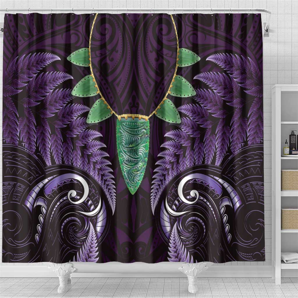Aotearoa Pounamu Niho Shower Curtain Silver Fern Mix Maori Pattern - Purple LT14 - Polynesian Pride