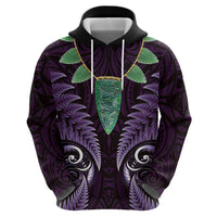 Aotearoa Pounamu Niho Zip Hoodie Silver Fern Mix Maori Pattern - Purple