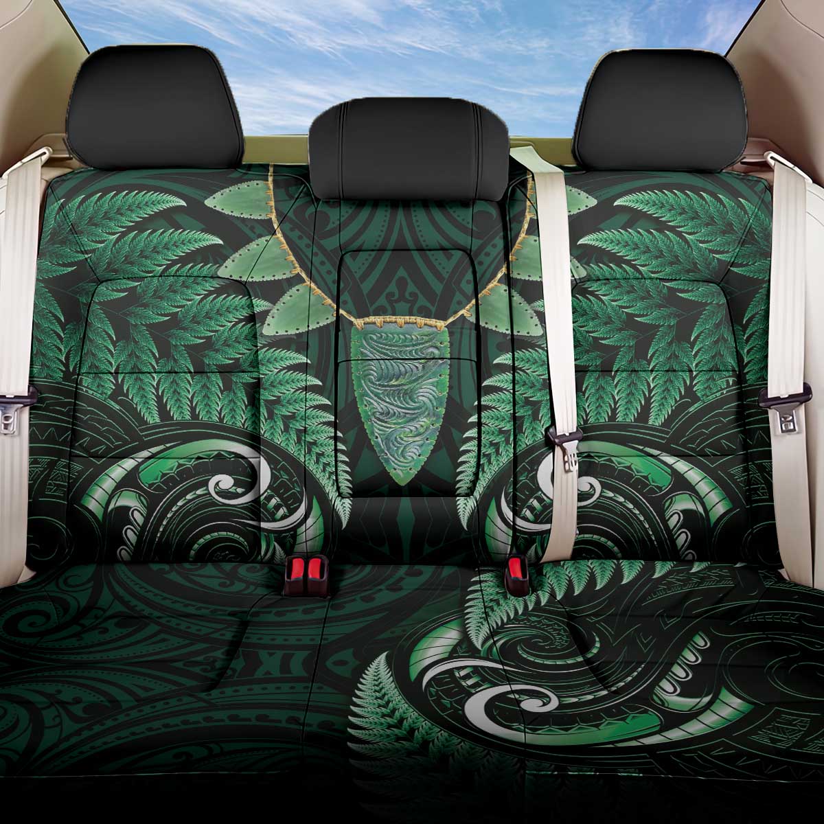 Aotearoa Pounamu Niho Back Car Seat Cover Silver Fern Mix Maori Pattern - Green