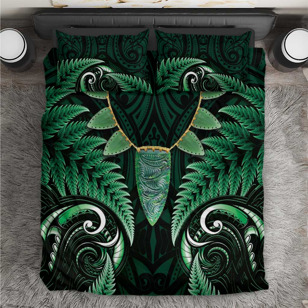 Aotearoa Pounamu Niho Bedding Set Silver Fern Mix Maori Pattern - Green