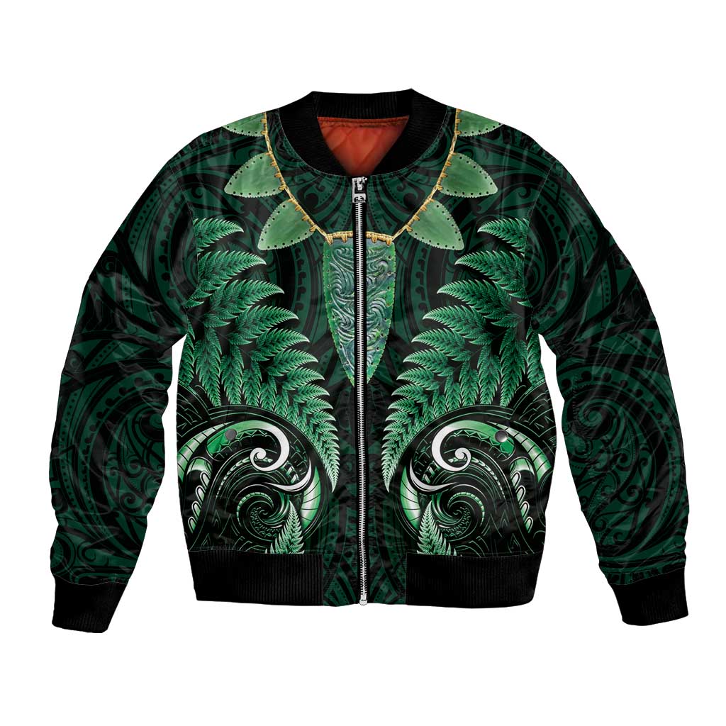 Aotearoa Pounamu Niho Bomber Jacket Silver Fern Mix Maori Pattern - Green