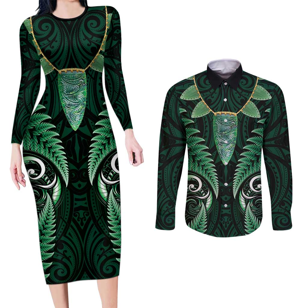 Aotearoa Pounamu Niho Couples Matching Long Sleeve Bodycon Dress and Long Sleeve Button Shirt Silver Fern Mix Maori Pattern - Green