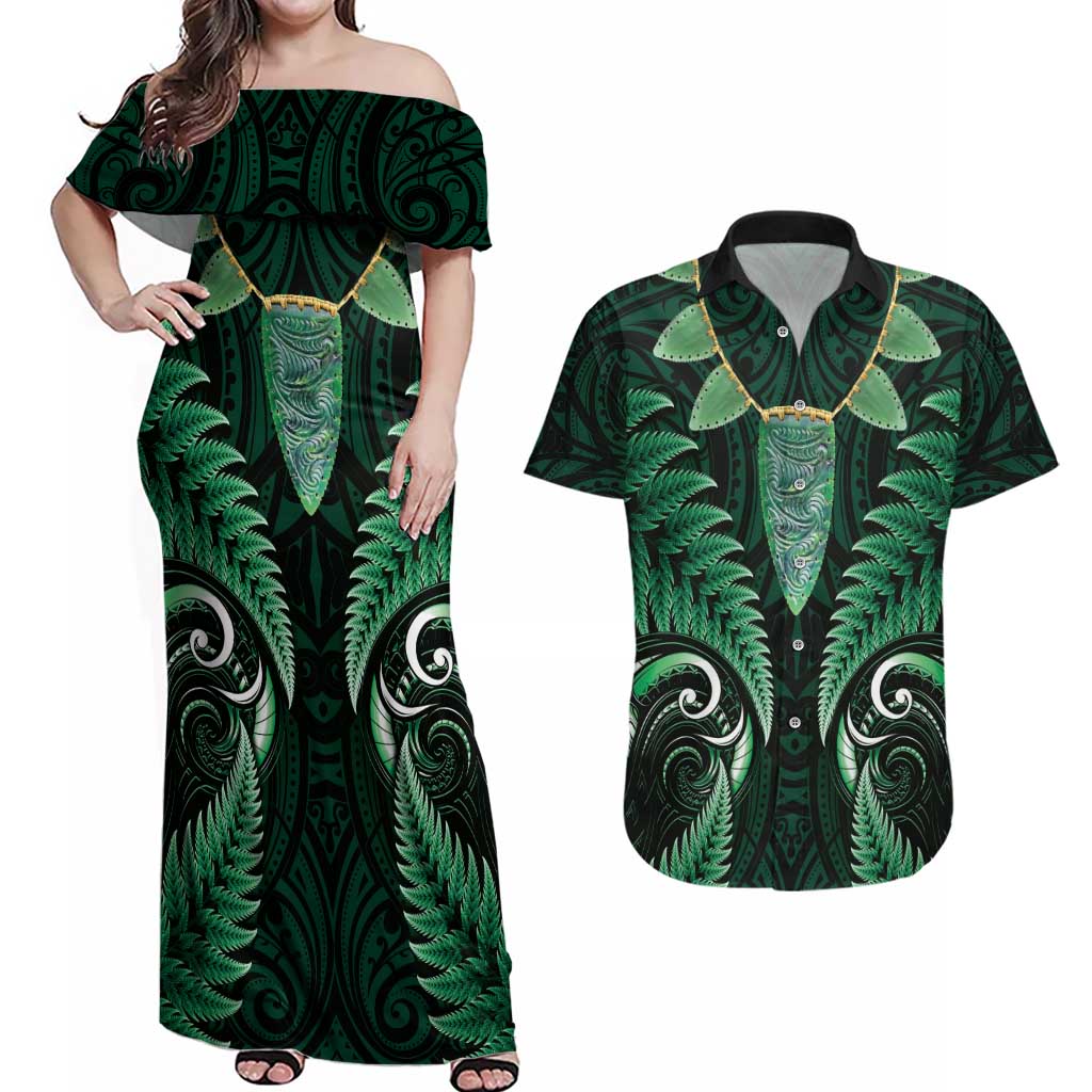 Aotearoa Pounamu Niho Couples Matching Off Shoulder Maxi Dress and Hawaiian Shirt Silver Fern Mix Maori Pattern - Green LT14 Green - Polynesian Pride