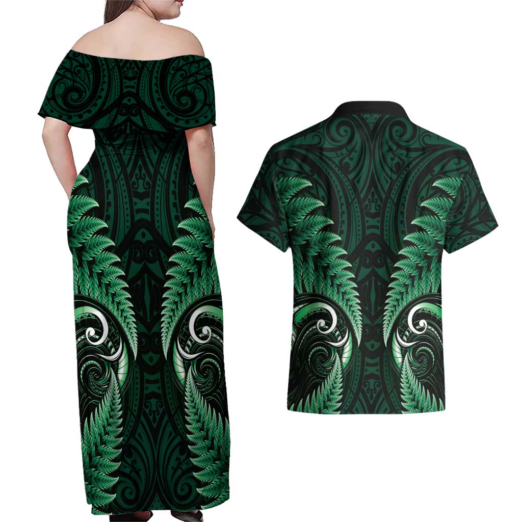 Aotearoa Pounamu Niho Couples Matching Off Shoulder Maxi Dress and Hawaiian Shirt Silver Fern Mix Maori Pattern - Green LT14 - Polynesian Pride