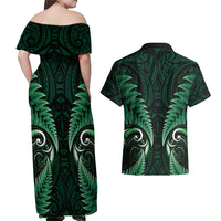 Aotearoa Pounamu Niho Couples Matching Off Shoulder Maxi Dress and Hawaiian Shirt Silver Fern Mix Maori Pattern - Green LT14 - Polynesian Pride