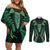 Aotearoa Pounamu Niho Couples Matching Off Shoulder Short Dress and Long Sleeve Button Shirt Silver Fern Mix Maori Pattern - Green