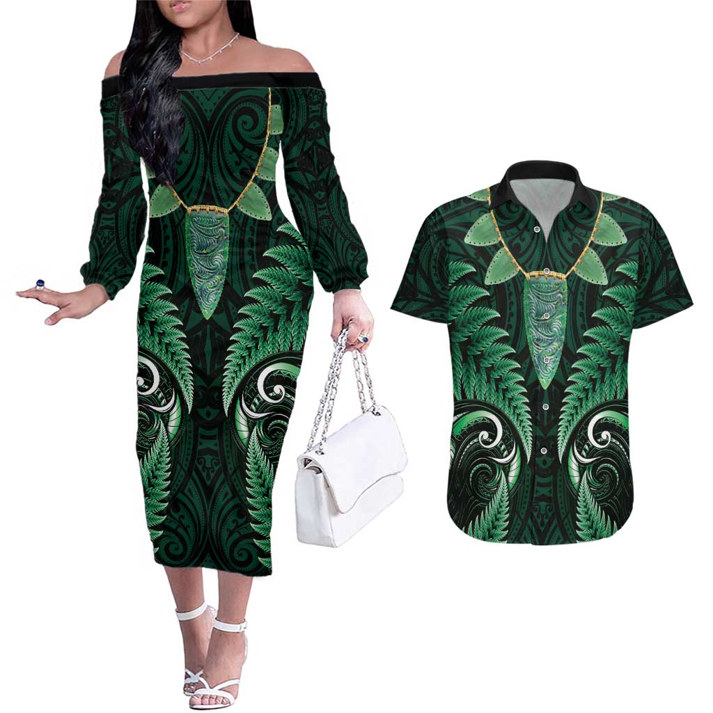 Aotearoa Pounamu Niho Couples Matching Off The Shoulder Long Sleeve Dress and Hawaiian Shirt Silver Fern Mix Maori Pattern - Green