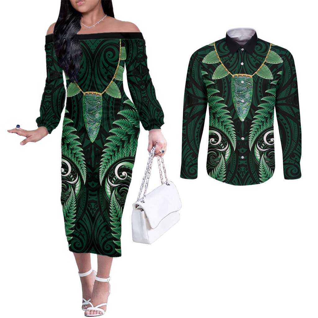 Aotearoa Pounamu Niho Couples Matching Off The Shoulder Long Sleeve Dress and Long Sleeve Button Shirt Silver Fern Mix Maori Pattern - Green