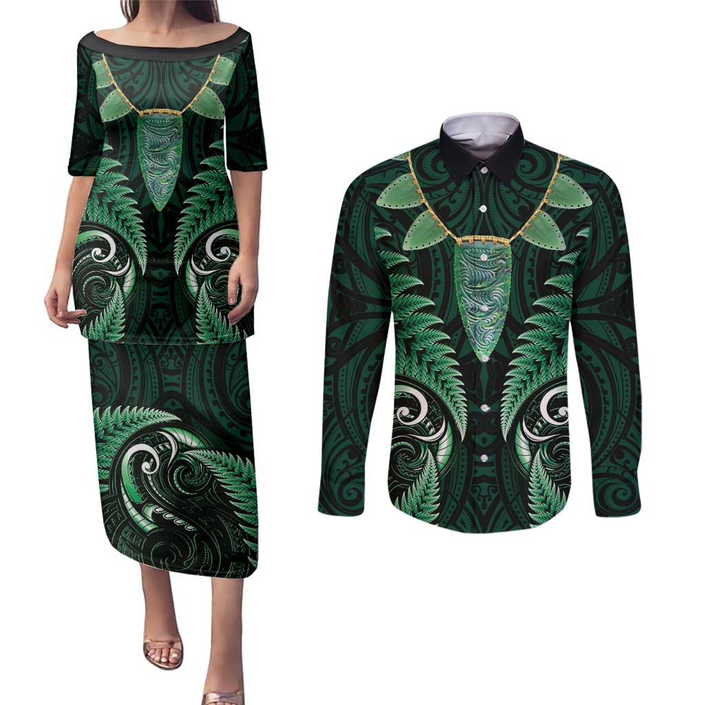 Aotearoa Pounamu Niho Couples Matching Puletasi and Long Sleeve Button Shirt Silver Fern Mix Maori Pattern - Green