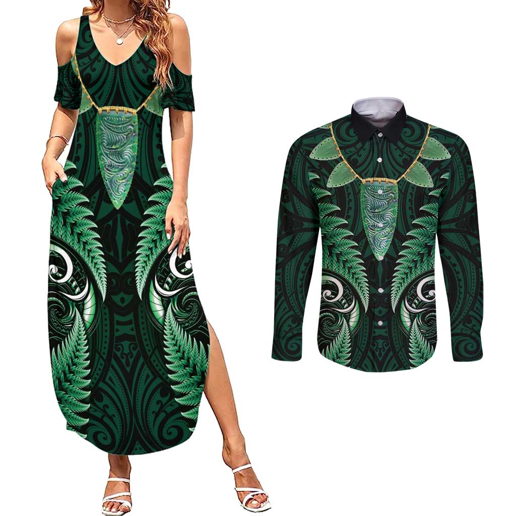 Aotearoa Pounamu Niho Couples Matching Summer Maxi Dress and Long Sleeve Button Shirt Silver Fern Mix Maori Pattern - Green