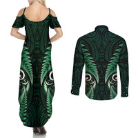 Aotearoa Pounamu Niho Couples Matching Summer Maxi Dress and Long Sleeve Button Shirt Silver Fern Mix Maori Pattern - Green