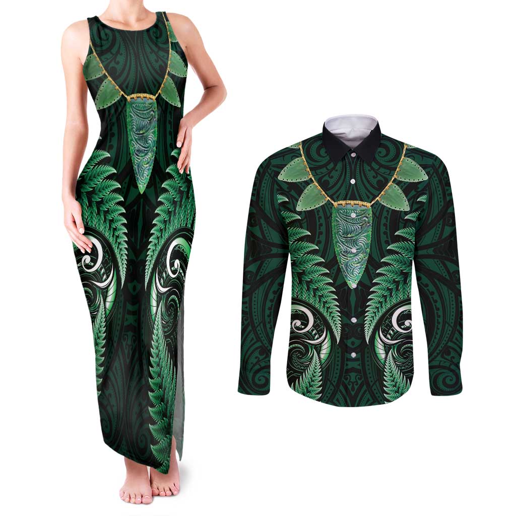 Aotearoa Pounamu Niho Couples Matching Tank Maxi Dress and Long Sleeve Button Shirt Silver Fern Mix Maori Pattern - Green