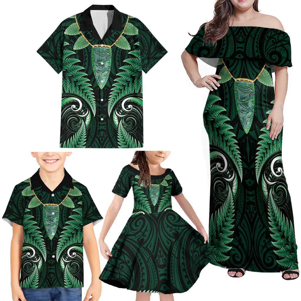 Aotearoa Pounamu Niho Family Matching Off Shoulder Maxi Dress and Hawaiian Shirt Silver Fern Mix Maori Pattern - Green