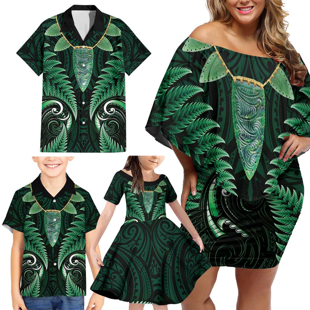 Aotearoa Pounamu Niho Family Matching Off Shoulder Short Dress and Hawaiian Shirt Silver Fern Mix Maori Pattern - Green