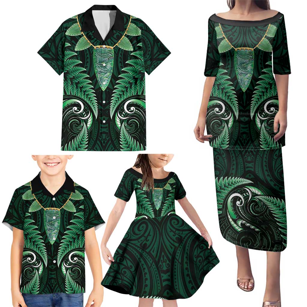 Aotearoa Pounamu Niho Family Matching Puletasi and Hawaiian Shirt Silver Fern Mix Maori Pattern - Green LT14 - Polynesian Pride