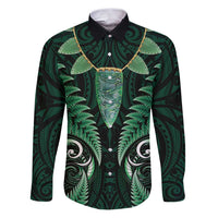 Aotearoa Pounamu Niho Family Matching Puletasi and Hawaiian Shirt Silver Fern Mix Maori Pattern - Green LT14 Dad's Shirt - Long Sleeve Green - Polynesian Pride